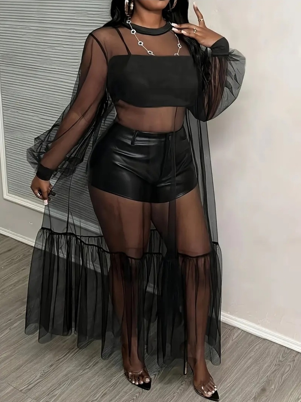 Plus Sheer Black Round Neck Long Sleeve Cover Up Dress